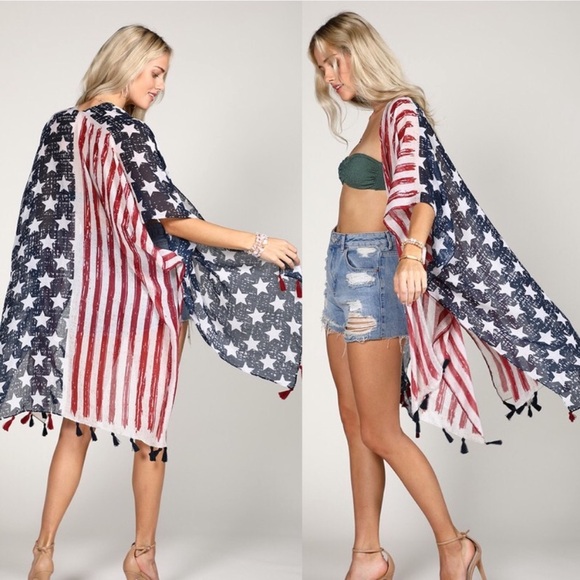 New America Print Boho Tassel Trim Contrast Red Blue Stripe Kimono Swim Cover Up - Picture 6 of 16